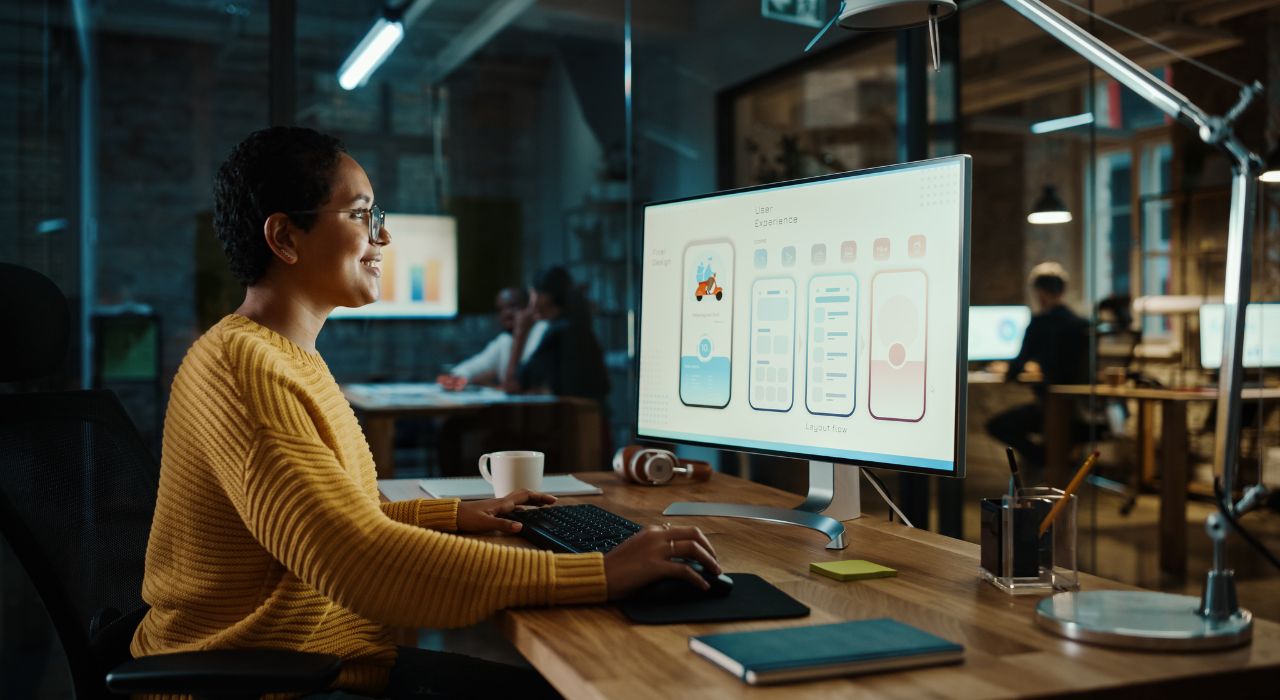 woman in front of desktop with wireframes UX